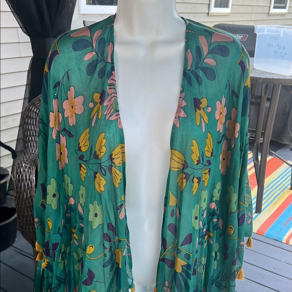 Natural Life Teal Floral Kimono w/Tassels One Size